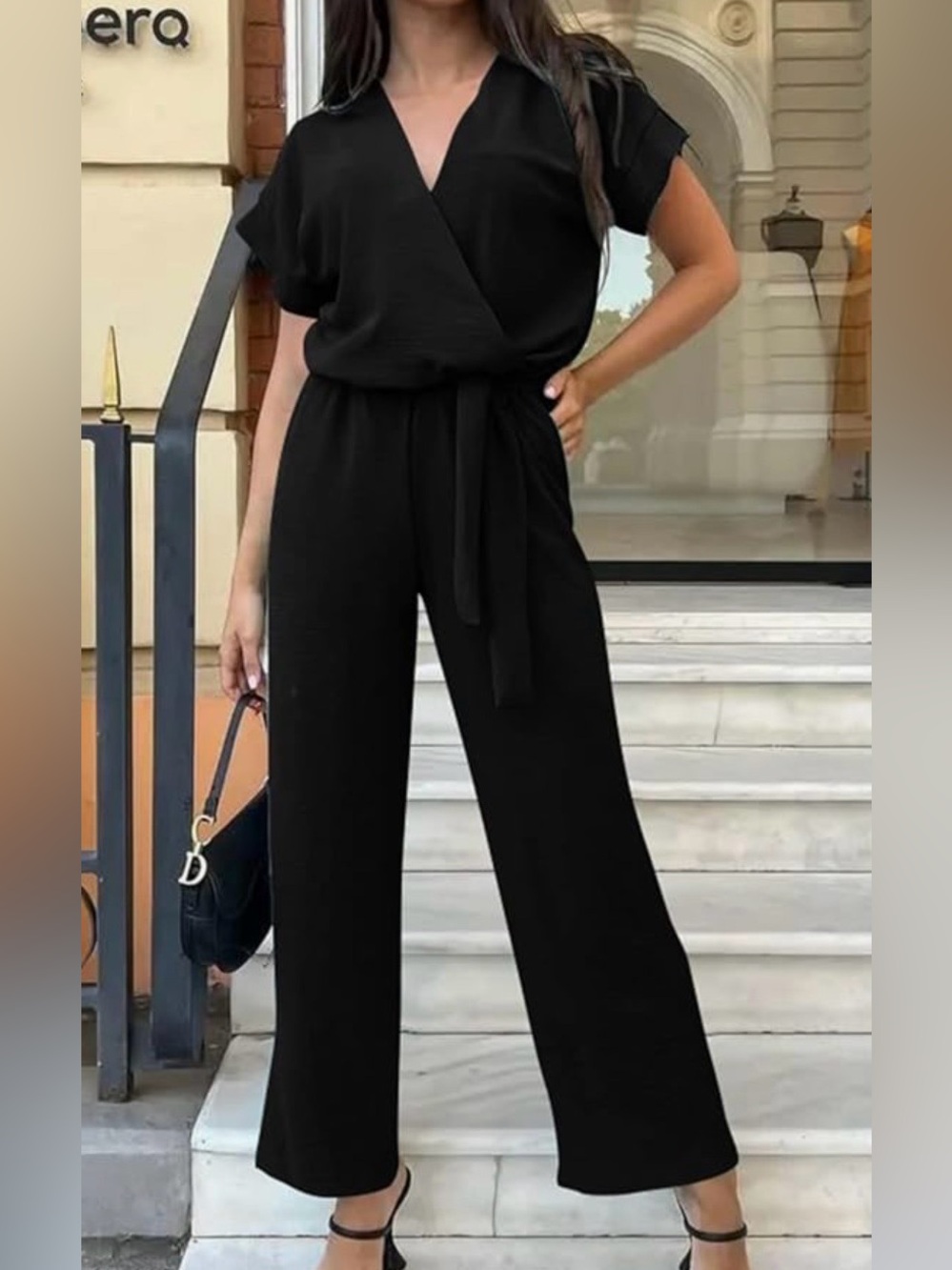 Pretty Garden XXL Black Wrap-Front Jumpsuit with  Tie waist  romper